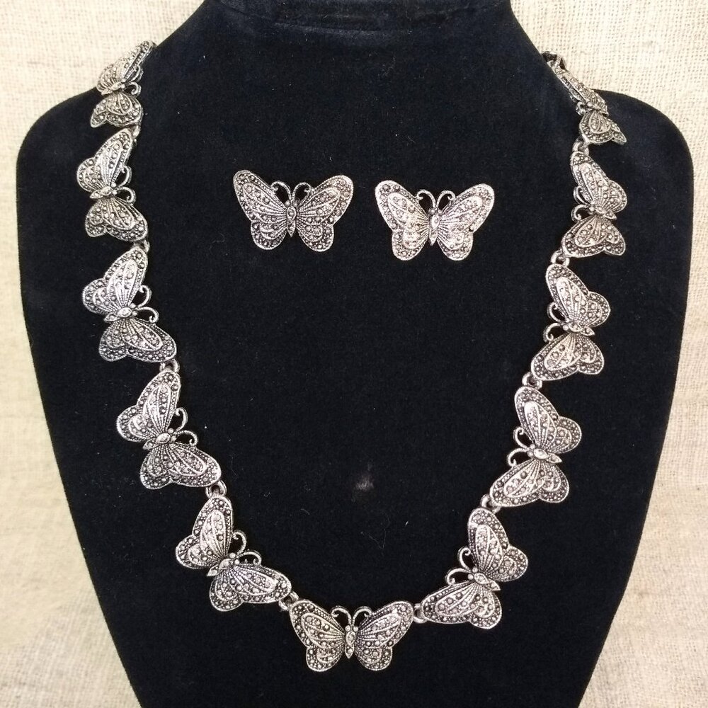 Vintage Silver Butterfly Necklace and Earring Set